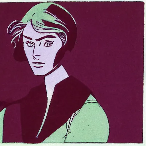 Image similar to a female character drawn by david mazzucchelli, cmyk portrait