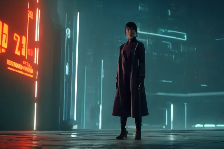 Prompt: a still from the film bladerunner 2 0 4 9 depicting haruka abe wearing an orange prison jumpsuit. behind her a gigantic holographic face can be seen. sci fi, futuristic,