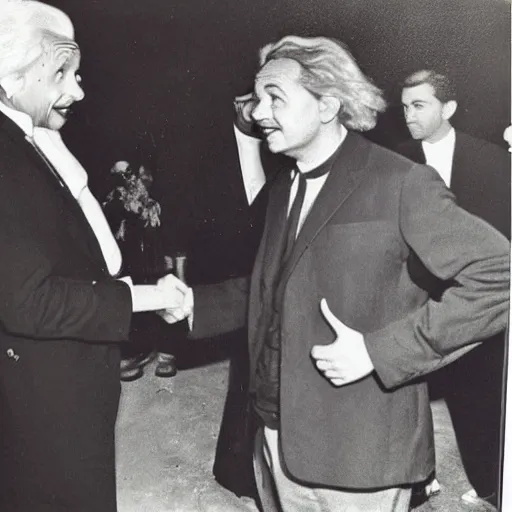 Prompt: old polaroid photo of Albert Einstein meeting Leonardo Dicaprio