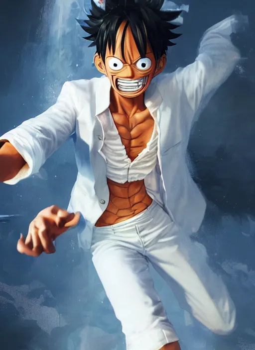 Prompt: a professional render of luffy wearing a white suit, calm face, concept art, sharp detail, smooth render, art style by Ruan Jia and Mandy Jurgens and Ian Spriggs and William-Adolphe Bouguerea
