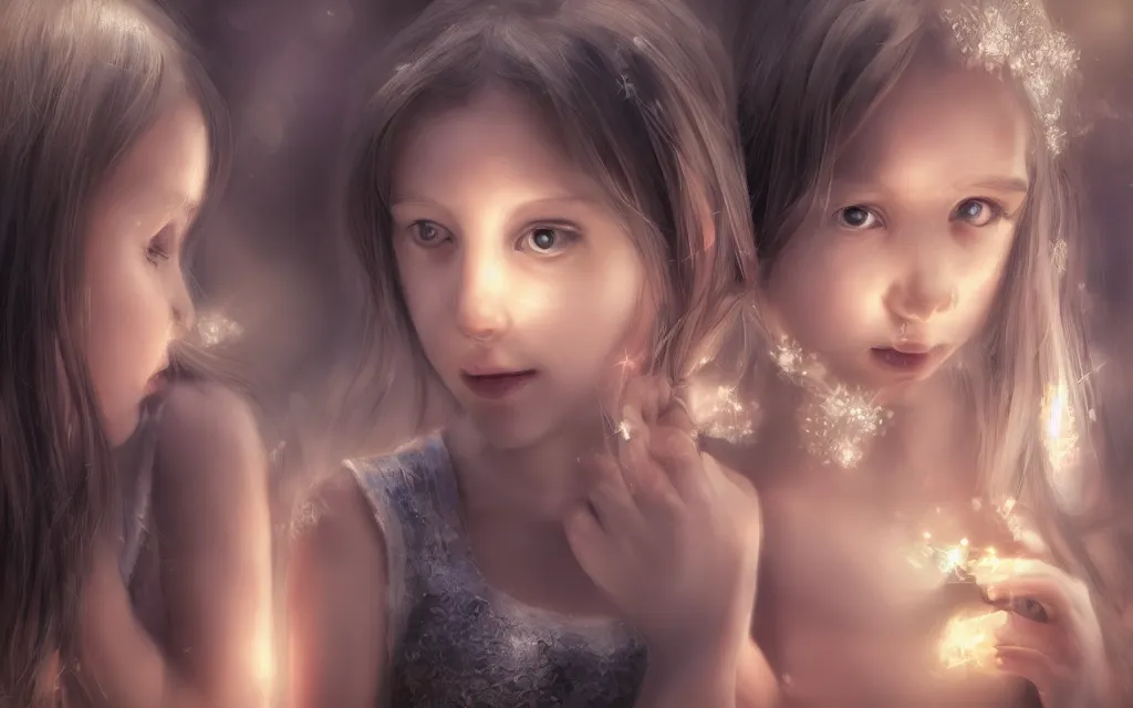 Image similar to of 2 girls with pearl shining in backgroud, photorealistic, cinematic light, highly detailed,