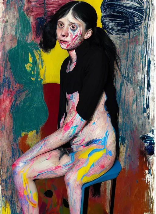 Image similar to portrait of a nervous young girl harlequin sitting on a stool, by vincent lefevre and hernan bas and pat steir and hilma af klint, psychological, photorealistic, symmetrical face, dripping paint, washy brush, threads, rendered in octane, altermodern, masterpiece