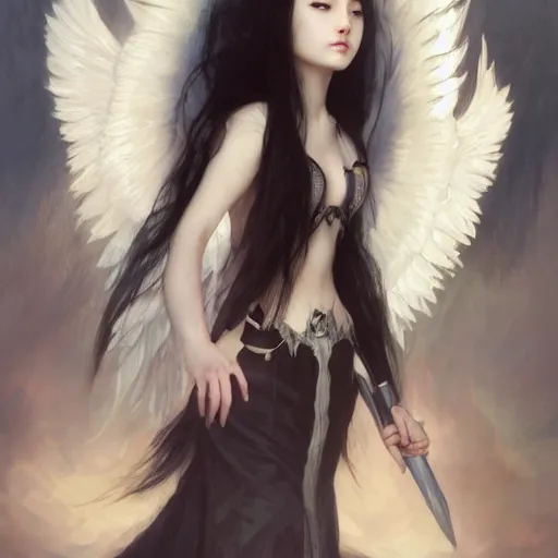 Image similar to Beautiful pale angelic goth asian girl with angel wings and devil\'s horns, warhammer 40000 masterpiece 4k digital illustration by Ruan Jia and Mandy Jurgens and Artgerm and william-adolphe bouguereau, highly detailed, trending on artstation, award winning,