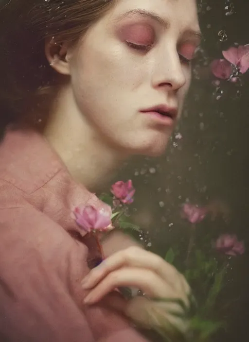 Image similar to Kodak Portra 400, 8K,ARTSTATION, Caroline Gariba, soft light, volumetric lighting, highly detailed, britt marling style 3/4 , extreme Close-up portrait photography of a Dorian Electra hiding in flowers how pre-Raphaelites with his eyes closed,inspired by Ophelia paint, his face is under water Pamukkale, raining, crying face above water in soapy bath tub, hair are intricate with highly detailed realistic , Realistic, Refined, Highly Detailed, interstellar outdoor soft pastel lighting colors scheme, outdoor fine photography, Hyper realistic, photo realistic