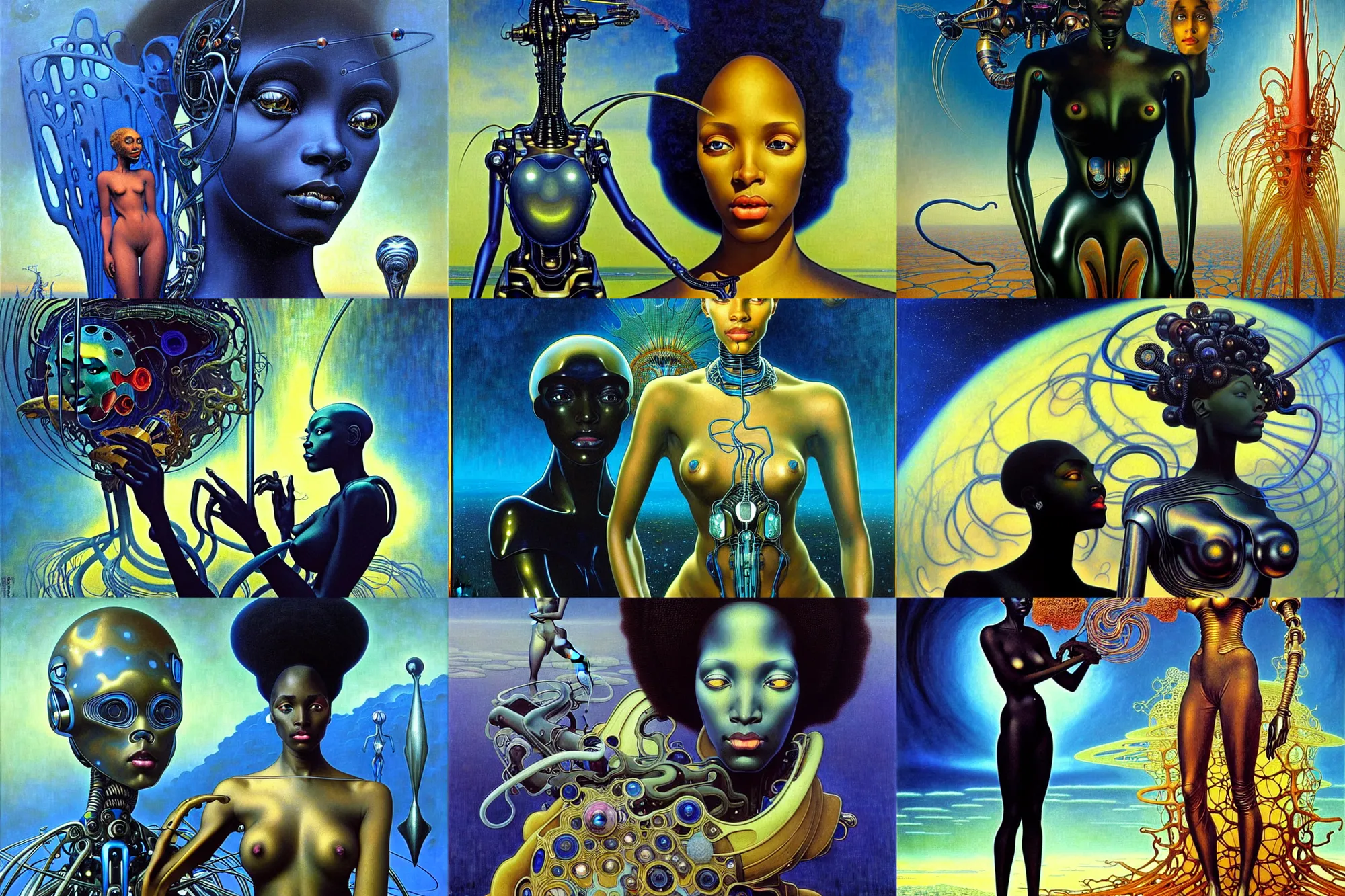 Prompt: realistic extremely detailed portrait painting of a beautiful black woman with a robot, futuristic sci-fi landscape on background by Jean Delville, Amano, Yves Tanguy, Mark Brooks, Alphonse Mucha, Ernst Haeckel, Edward Robert Hughes, Roger Dean, rich moody colours, blue eyes