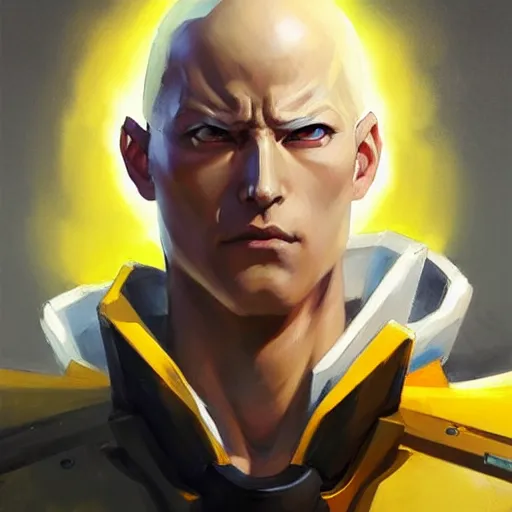 Image similar to Greg Manchess portrait painting of Saitama as Overwatch character, medium shot, asymmetrical, profile picture, Organic Painting, sunny day, Matte Painting, bold shapes, hard edges, street art, trending on artstation, by Huang Guangjian and Gil Elvgren and Sachin Teng