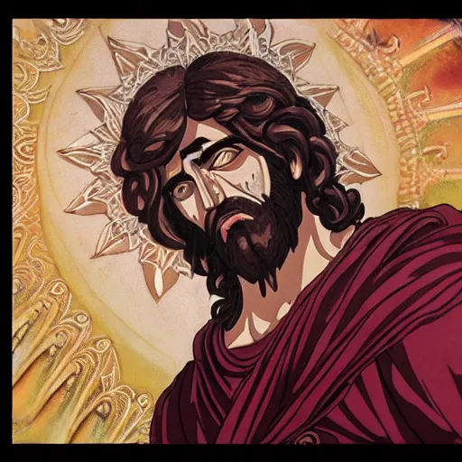 Prompt: 4K headshot of godlike Jesus of Nazareth with defined arms and open hands and bloody clothes with giant mandala wings , intricate face , flawless anime cel animation by Kentaro Miura, psychedelic , highly detailed upper body , professionally post-processed , beautiful, scary, symmetry accurate features, epic, octane rendered, anime masterpiece, accurate by Craig Mullins, ilya kuvshinov, krenz cushart, epic , artgerm trending on artstation by Edward Hopper and Dan Mumford and WLOP and Rutkovsky, beksinski carl spitzweg moebius and tuomas kocar, intricate artwork by caravaggio, Unreal Engine 5, Lumen, Nanite