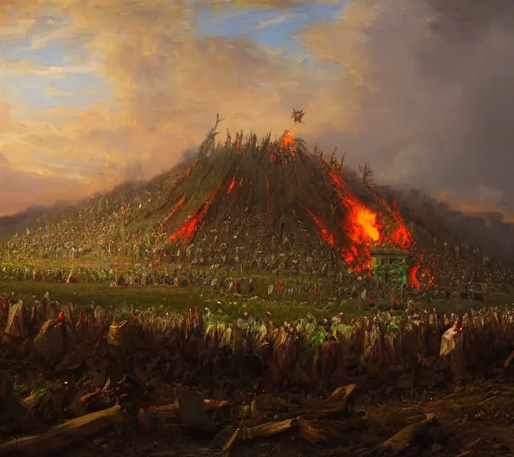 Prompt: landscape portrait of a an immense funeral pyre, with large green dollar bills in it, by william sidney mount, trending on artstation