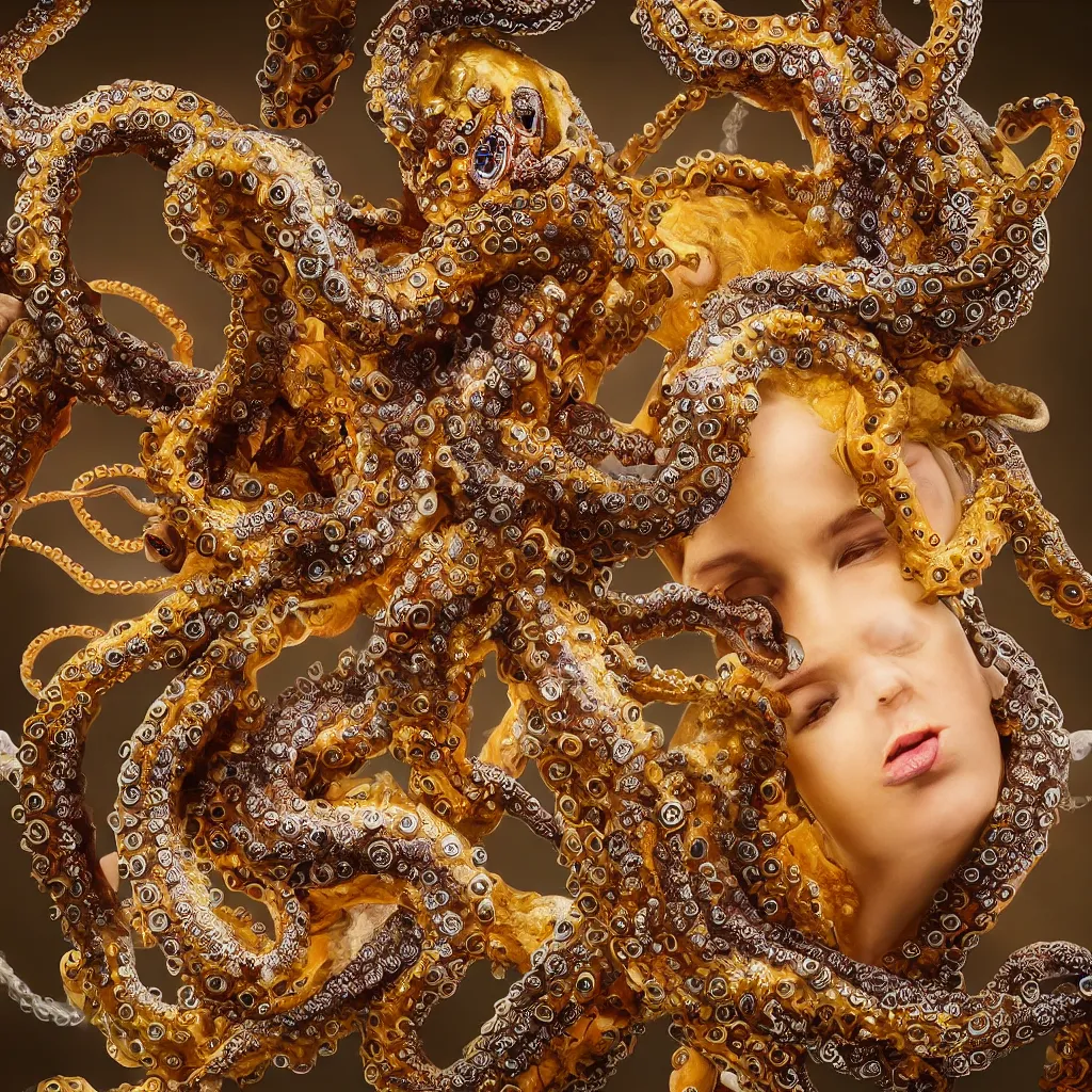 Image similar to a high-resolution color-chrome extreme closeup portrait photo of a octopus fighting a incredible elegant pale renaissance rococo Queen, with ornate jewelled, rococo Queen, sci-fi, high-tech, beautiful low light, style Steve McCurry Octane render 8k