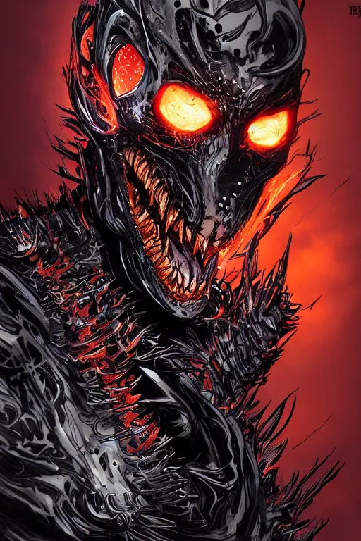 Prompt: ghost rider symbiote, comic strip style, dynamic lighting, fantasy concept art, trending on art station, stunning visuals, creative, cinematic, portrait, ultra detailed