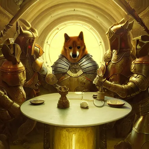 Image similar to knight armor, anthropomorphic shiba inu face, knight round table in tavern,, stuning 3 d render, masterpiece, glowing aura, by donato giancola and greg rutkowski and wayne barlow and zdzisław beksinski, realistic face