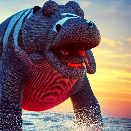 Image similar to a closeup photorealistic photograph of a cute smiling knitted tiger hippopotamus chasing a beachball at sunset. surf in the background. professional capture. this 4 k hd image is trending on artstation, featured on behance, well - rendered, extra crisp, features intricate detail, epic composition and the style of unreal engine.