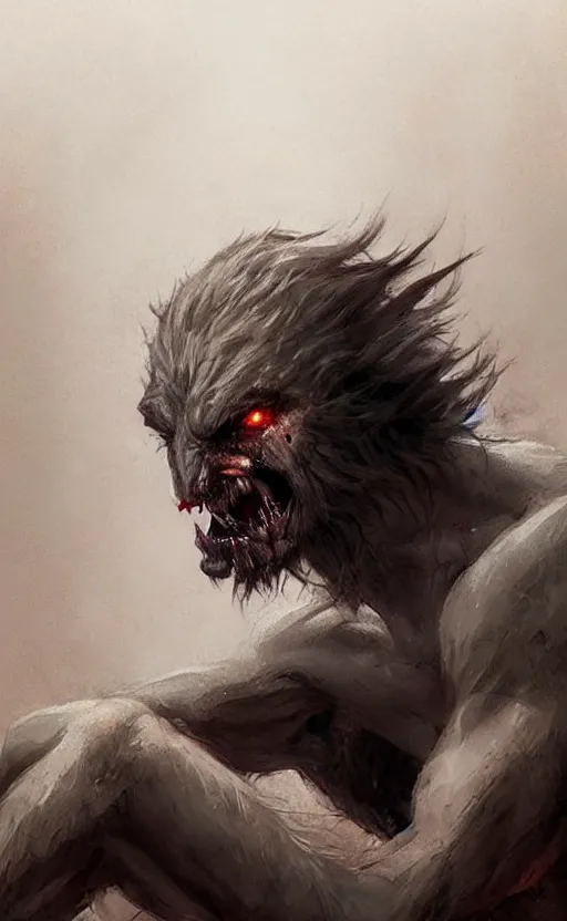Image similar to Portrait of a zombie werewolf sitting down, male, muscular, bare thighs!!!, simple clothing!!!!!, fantasy, medieval, highly detailed, cinematic lighting, digital art painting by greg rutkowski