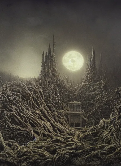 Prompt: a dramatic matte painting of The Tomb in the dystopian landscape is opening through the ground, the dead has arisen under the glowing moon, dead trees and a brooding landscape by Giger and Dariusz Zawadzki and Beksinski