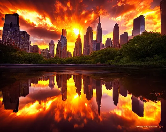 Prompt: photography by marc adamus, new york city manhattanhenge, sunset, dramatic lighting, clouds, beautiful