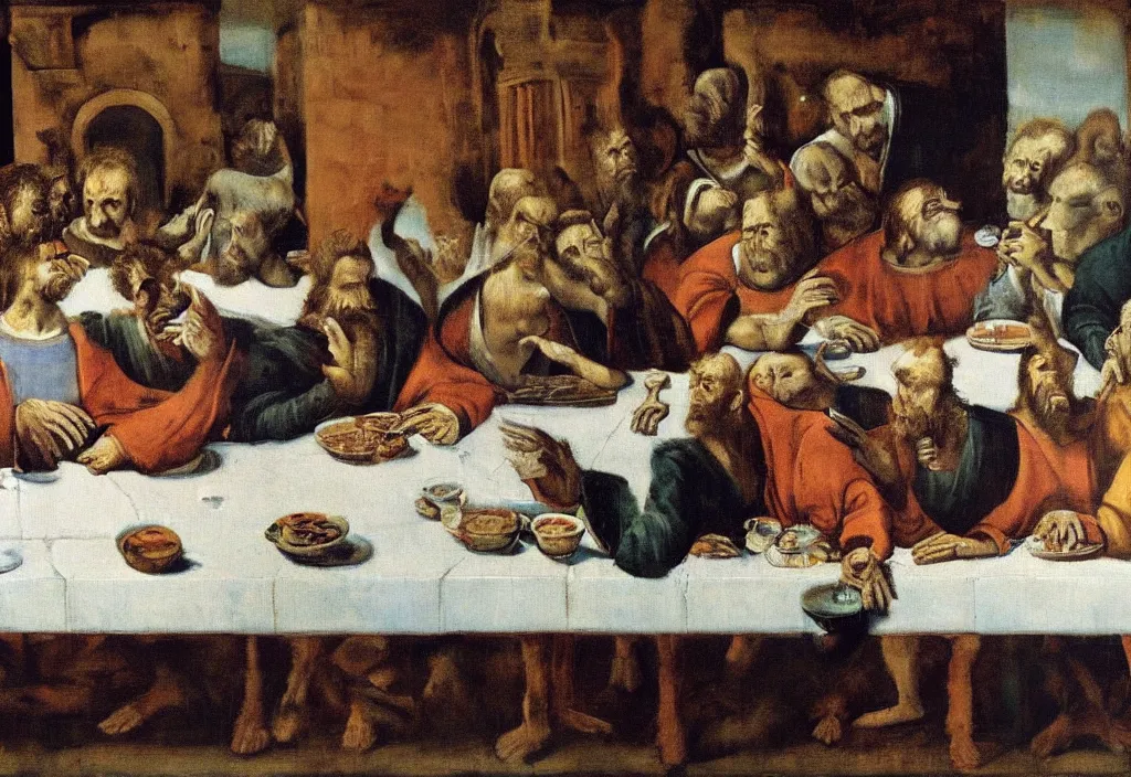 Prompt: last supper painted by francis bacon 8 k, hyperdetailed