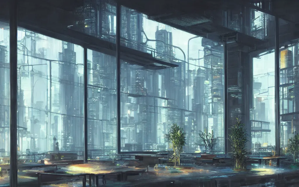 Image similar to cyberpunk loft lounge with tall windows, no people, city in background, drawn by feng zhu, sparse plants, dim painterly lighting volumetric aquatics, impasto