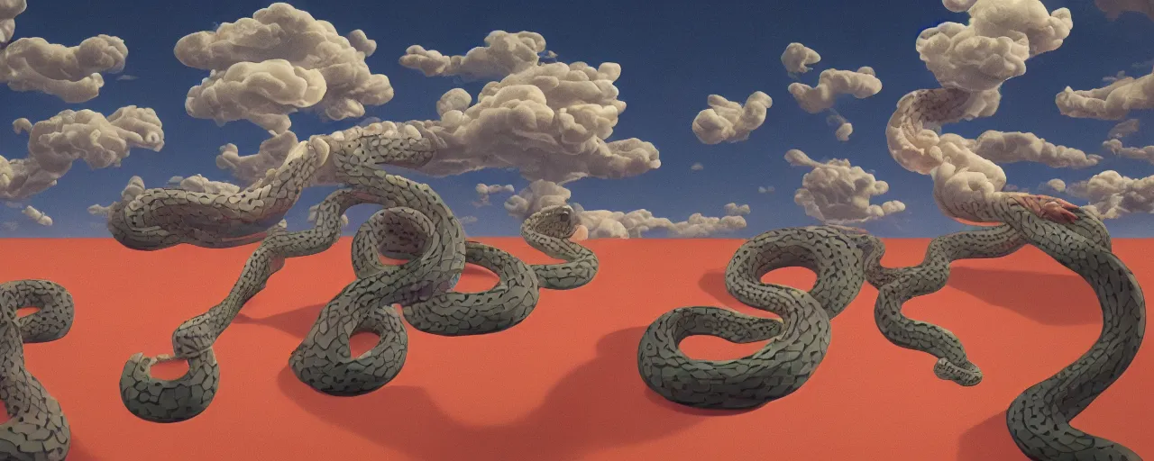 Prompt: a swirling cloud of snake medicine. Painting by René Magritte, 3D rendering by Beeple, sketch by R. Crumb