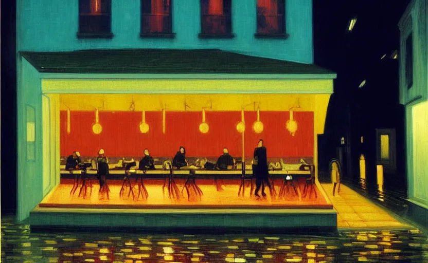 Image similar to exterior of cyberpunk restaurant during a melancholy rainy night by hopper, edward