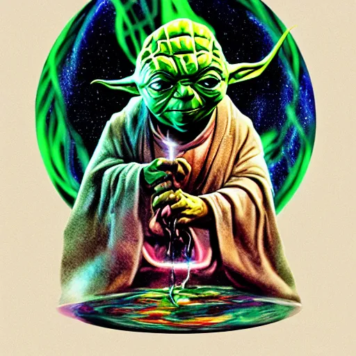 Prompt: Master Yoda, delicately positioned and entwined in vibrant fluid hues, is being drawn and spaghettified into a blackhole, Fantasy, hyperrealism, 4k, volumetric lighting, three dimensions, spaghettification, a digitally transformed world, user interface design, 3D modeling, artstation, illustration, and transportation design. art by Andrew Chiampo, Frederik Heyman and Jonathan Zawada,