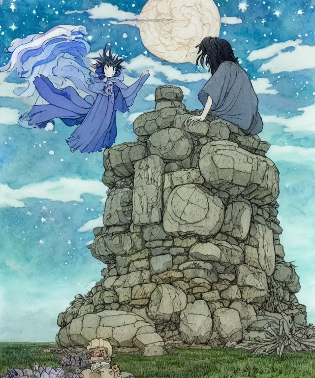 Prompt: a hyperrealist studio ghibli watercolor fantasy concept art. in the foreground is a giant long haired grey witch in lotus position sitting on top of stonehenge with a starry sky in the background. by rebecca guay, michael kaluta, charles vess