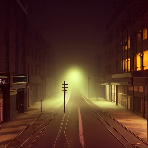 Image similar to A stunningly beautiful award-winning 8K high angle from 2nd floor cinematic movie photograph looking down diagonally across a spooky dark very foggy empty lightless main street intersection in an abandoned 1950s small town at night. perfect composition, moody low key. Color palette from Seven, greens yellows and reds. 2 point perspective. Octane render