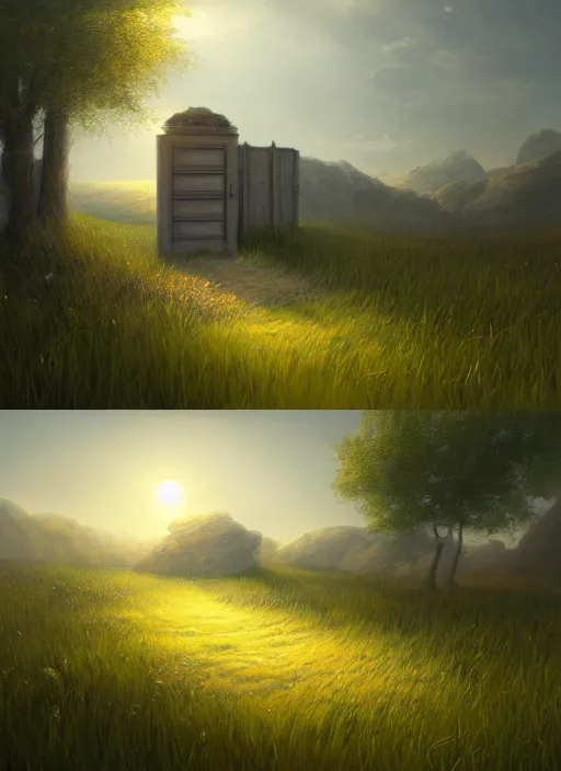 Image similar to a painting of an open door in the middle of a field, a detailed matte painting by the mazeking, featured on cgsociety, fantasy art, matte painting, concept art, deviantart