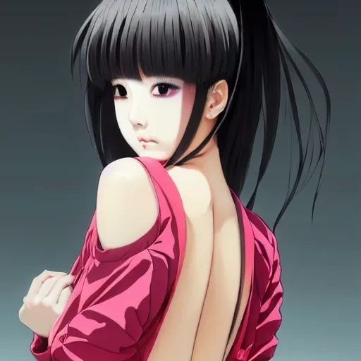 Image similar to a beautiful japanese lalisa alluring gravure model, wearing oversized designer bomber jacket and leotard, bulky poofy bomber jacket with mesoamerican patterns, mesoamerican native street fashion, gapmoe yandere grimdark, trending on pixiv fanbox, painted by greg rutkowski makoto shinkai takashi takeuchi studio ghibli, akihiko yoshida