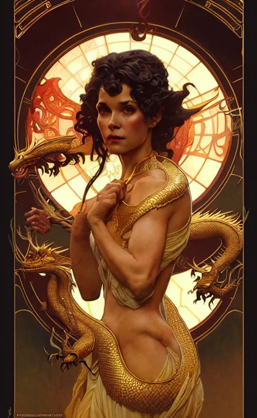 Image similar to magic gold dragon gorgeous lighting by weta studio, mucha, bautista and norman rockwell and greg rutkowski and tom bagshaw and james gurney and lucasfilm