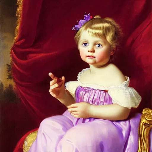 Prompt: portrait of a donald trump as a german toddler princess sitting down in a silk lavender gown, circa 1 8 3 7, by carl joseph begas, highly detailed, beautiful, oil on canvas, 1 8 3 0 s, romanticism