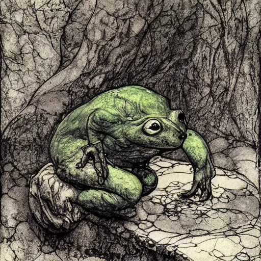 Prompt: toad philosopher toad in a pose The Thinker, in green swamp, by Auguste Rodin, illustrations by irish fairy tales james stephens arthur rackham, fairy tale illustrations, top cinematic lighting , cinematic mood, very detailed, shot in canon,