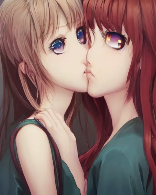 Image similar to portrait of two girls kissing, anime, trending on Artstation