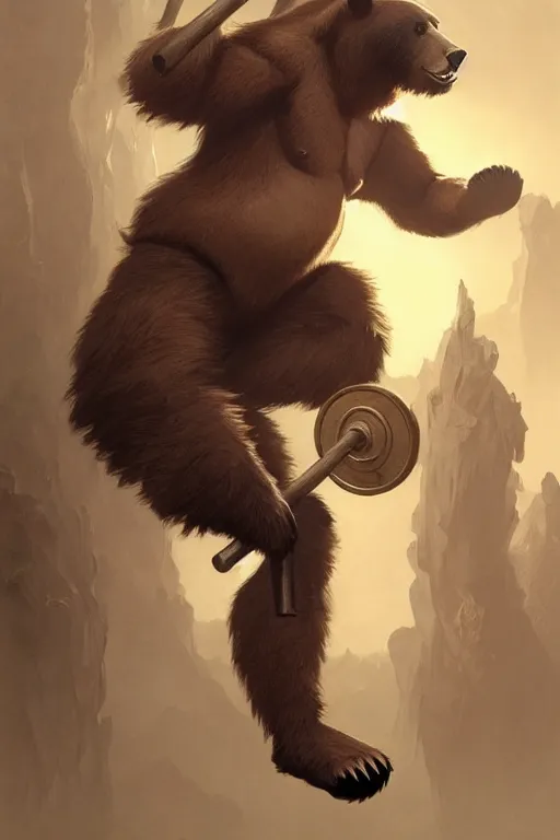 Image similar to anthro bear lifting weights, dim dingy gym, dynamic pose, fantasy, intricate, elegant, highly detailed, digital painting, artstation, concept art, matte, sharp focus, illustration, art by artgerm and greg rutkowski and alphonse mucha