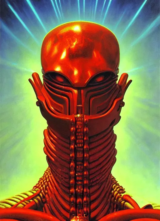 Prompt: cinematic bust portrait of psychedelic warlord, head and chest only, exotic alien features, Tim Hildebrandt, Wayne Barlowe, Bruce Pennington, donato giancola, larry elmore, oil on canvas, masterpiece, trending on artstation, featured on pixiv, cinematic composition, dramatic pose, beautiful lighting, sharp, details, hyper-detailed, HD, HDR, 4K, 8K