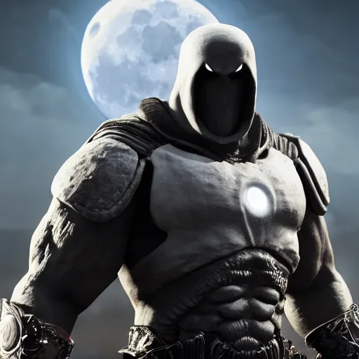 Image similar to a high resolution render of moon knight mixed with krator from gow, artstation, accurate, 8 k, cgivfx, quixel, wetastudiofx, bigstudiovfx, octanerender 3 d, framestorevfx, cgrecord, highdensity, highradiosity