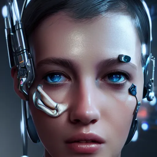 Image similar to a young cyborg woman under maintenance, cgsociety, photorealism, unreal engine 5, unreal engine, prerendered graphics