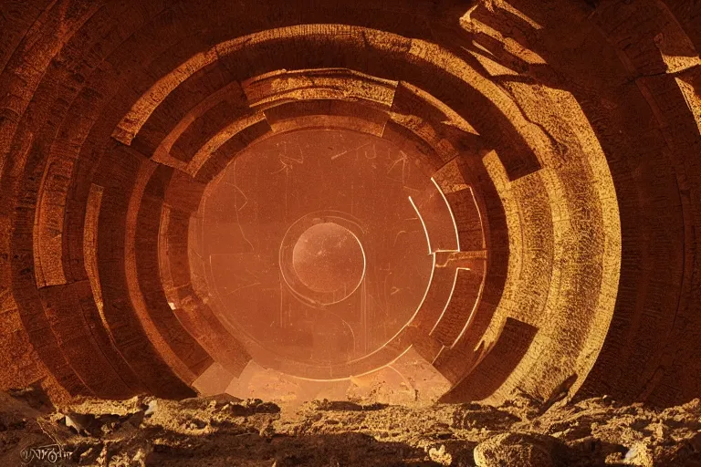 Prompt: a stargate in the ruins on mars leads to another dimension, portal, gate, dimension, arstation, digital art