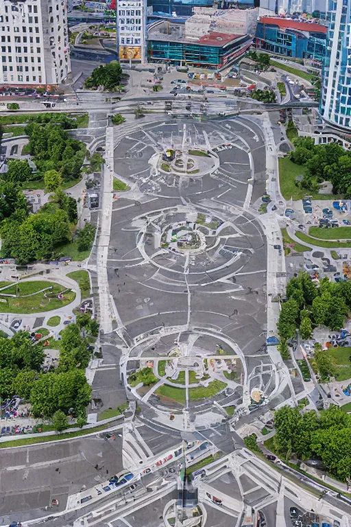 Image similar to Yakub Kolas Square in the city of Minsk, Belarus, view of the 4th Big Hall and the underground descent into the metro from two sides, summer, cloudy, beautiful, photorealistic, perfect, photo kodak 35mm colored, 8K, high quality, 8k resolution, 4K, detailed, high details, Super-high quality, hyperdetailed, Hyperrealistic