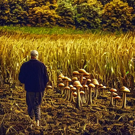 Prompt: “8k photograph man walking through field of mushrooms. National Geographic.”