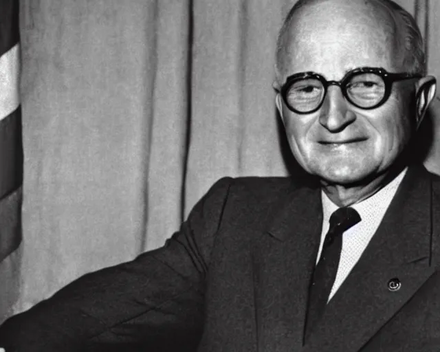 Prompt: Former US president Harry Truman is a reptilian alien, 1951, early black and white photo, cdx