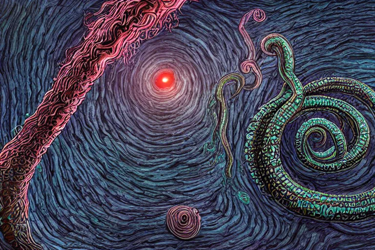 Prompt: a giant lovecraftian tentacle creature gripping a black hole, digital art, photorealistic, vivid colors, highly detailed, intricate