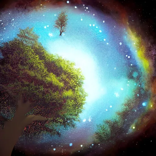 Prompt: a tree on edge of cliff, overlooking space abyss, small tree, cliff edge, looking down, painting, highly detailed, artstation award, milky way galaxy below, edge of the world, ultra realistic, colorful