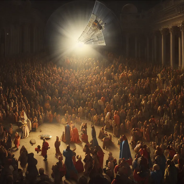 Image similar to crowd of medieval people surrounding UFO flying saucer, dream-like atmosphere, symmetrical baroque painting, perfect composition, beautiful detailed intricate insanely detailed octane render trending on Artstation, 8K artistic photography, photorealistic, soft natural volumetric cinematic perfect light, chiaroscuro, award-winning photograph, masterpiece, Raphael, Caravaggio, Greg Rutkowski, Beeple