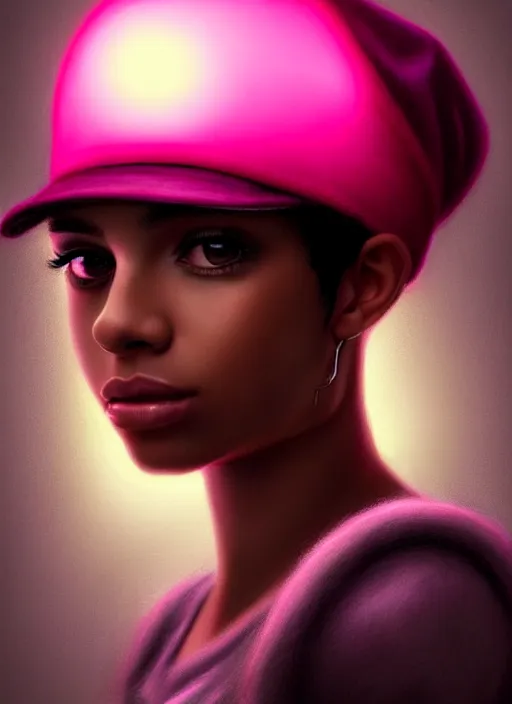 Image similar to portrait of teenage vanessa morgan with bright pink hair, black girl, vanessa morgan, curly pixie cut hair, wearing newsboy cap, newsboy cap, hoop earrings, intricate, elegant, glowing lights, highly detailed, digital painting, artstation, concept art, smooth, sharp focus, illustration, art by wlop, mars ravelo and greg rutkowski