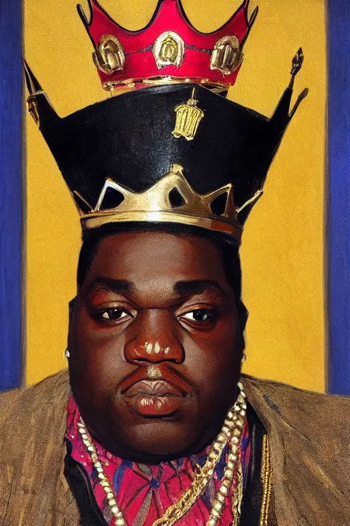 Image similar to portrait of rapper biggie smalls with kings crown and royal outfit, european, modern art, eclectic art, gold and colorful, illustration, by ramon casas