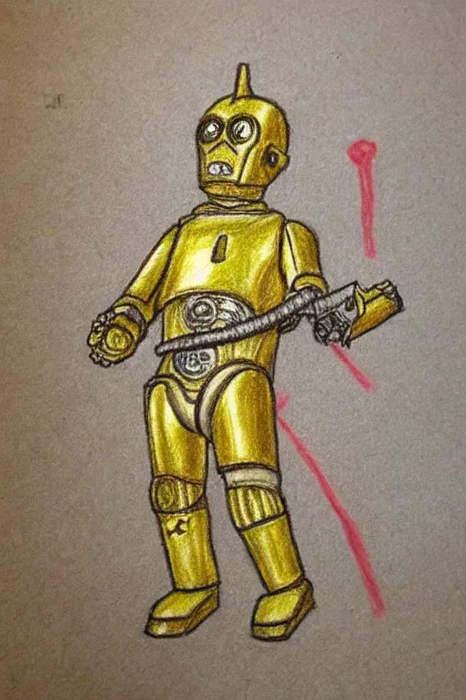 Image similar to child's drawing of c 3 po, crayon