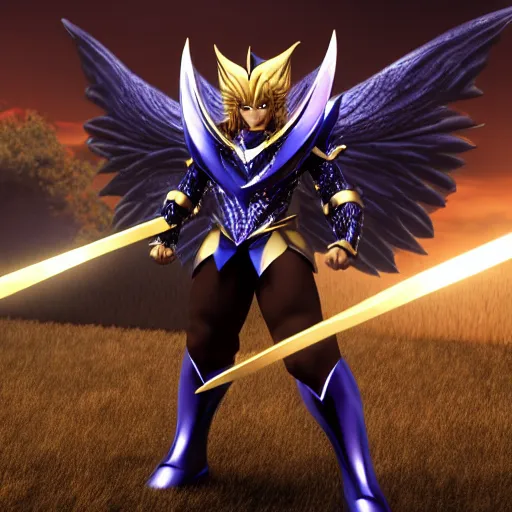 Image similar to full shot of angry darkness Saint Seiya knight at moonlight, wearing golden Cat armor, inspired by Masami Kurumada, detailed, unreal engine 4k volumetric light, fog,