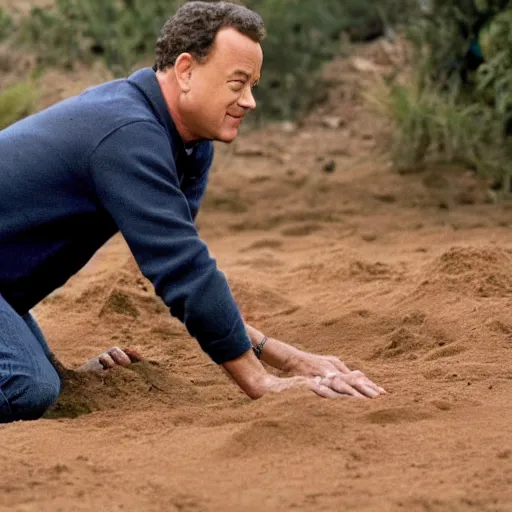 Image similar to Tom Hanks on all fours eating a pile of dirt