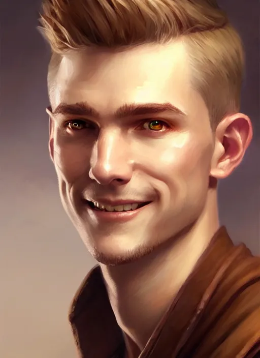 Image similar to a _ fantasy _ style _ portrait _ painting _ of white male short fringe light brown hair short head smiling clean shaven round face rpg dnd oil _ painting _ unreal _ 5 _ daz. _ rpg _ portrait _ extremely _ detailed _ artgerm _ greg _ rutkowski _ greg