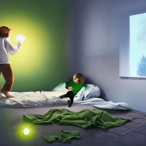 Prompt: painting of small green glowing orb is floating in front of a fourteen year old boy with auburn hair, wearing pajama, standing in a dark bedroom room, profile view, a look of surprise on his face, concept art, un made bed, piles of clothes on the floor, high detail dramatic lighting, samma van klaarbergen,